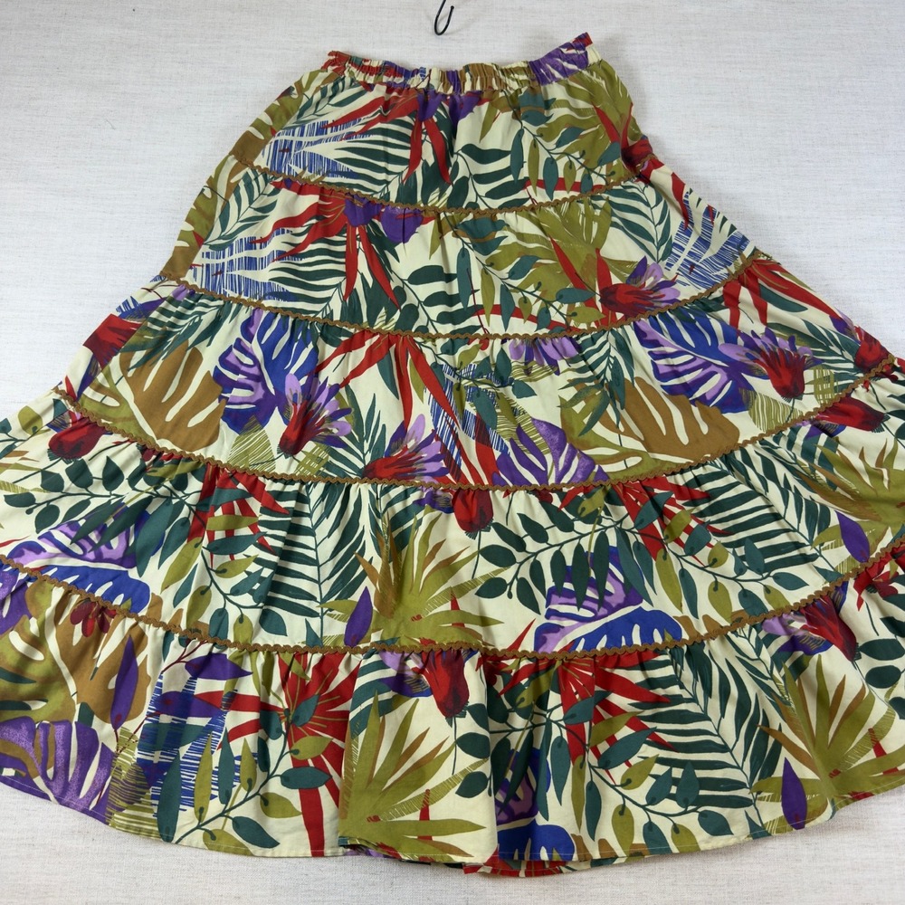 Truly 4 You Tropical Botanical Tiered Maxi Skirt Large Green Purple Ric Rac Trim